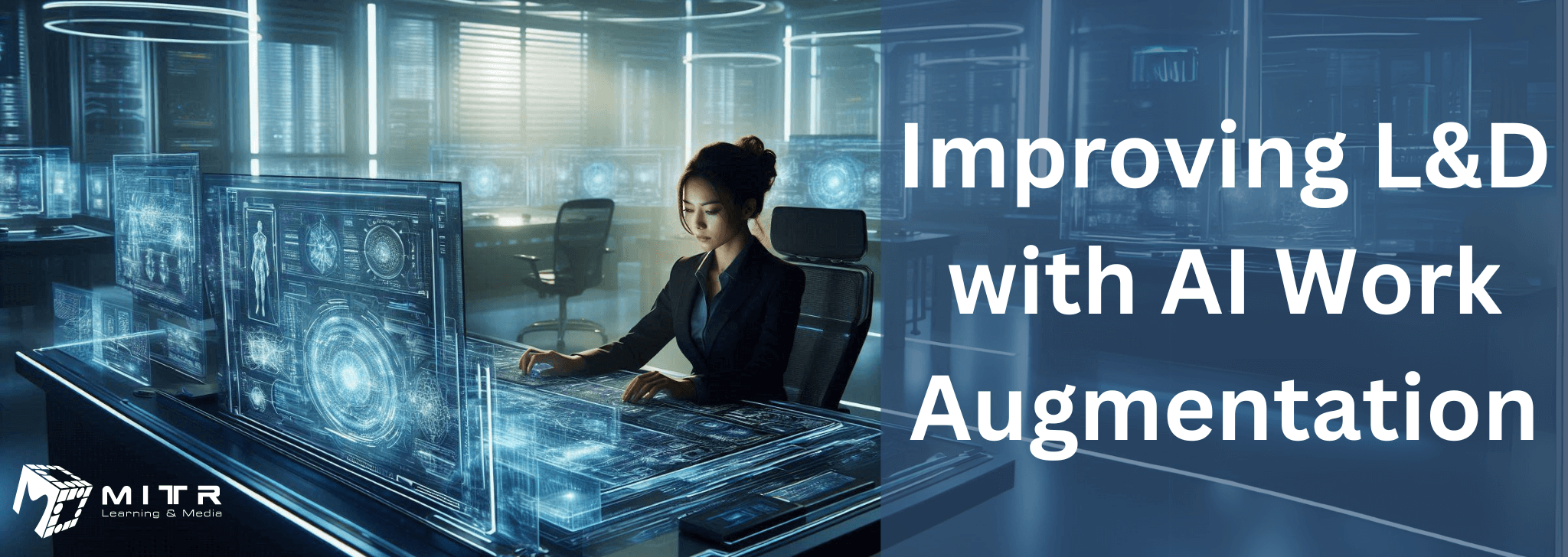 Formally dressed female corporate employee working at a futuristic desk in a futuristic office