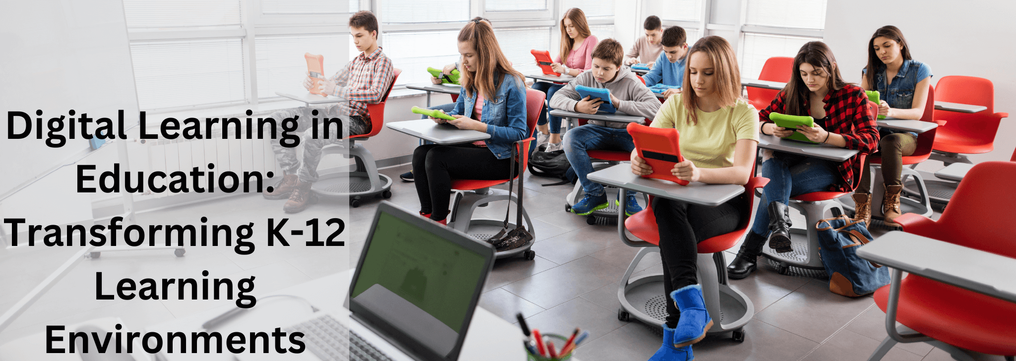 A classroom full of students holding digital learning devices