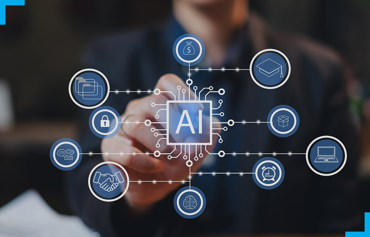 A 3D AI icon at the center surrounded by related technology icons, representing Mitr Learning’s AI & Tech Services, including AI-driven learning, LMS development, and content automation for education