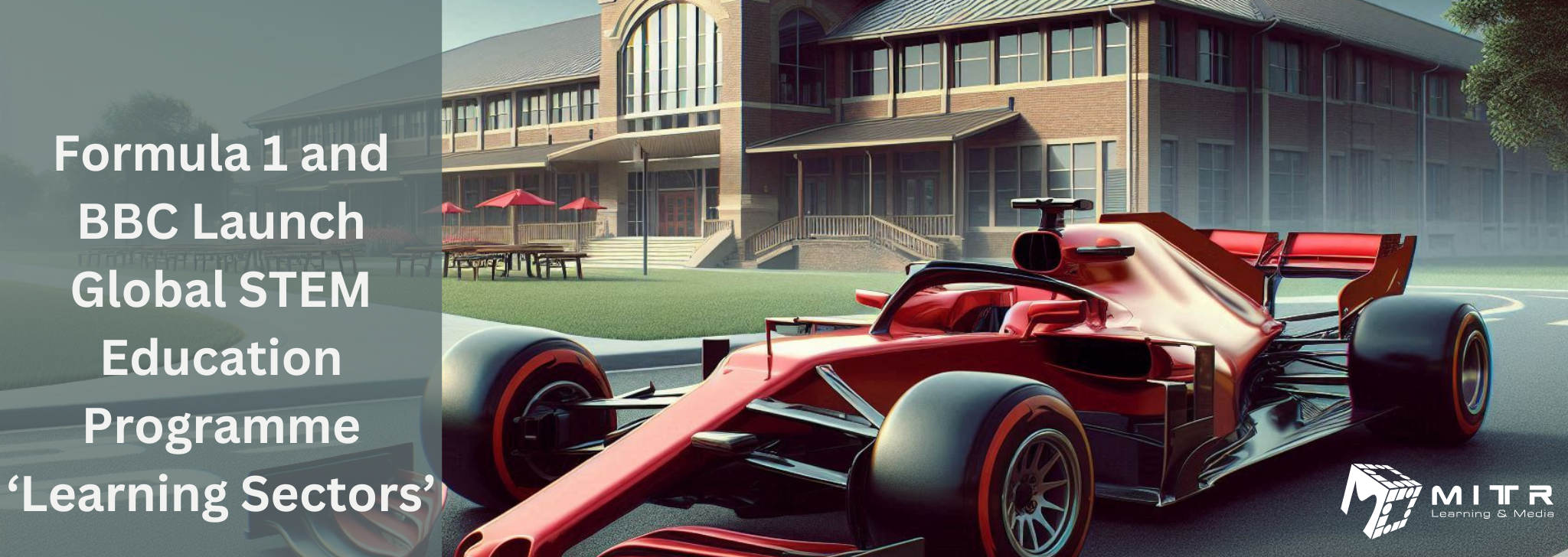 A formula 1 car standing in front of a school building