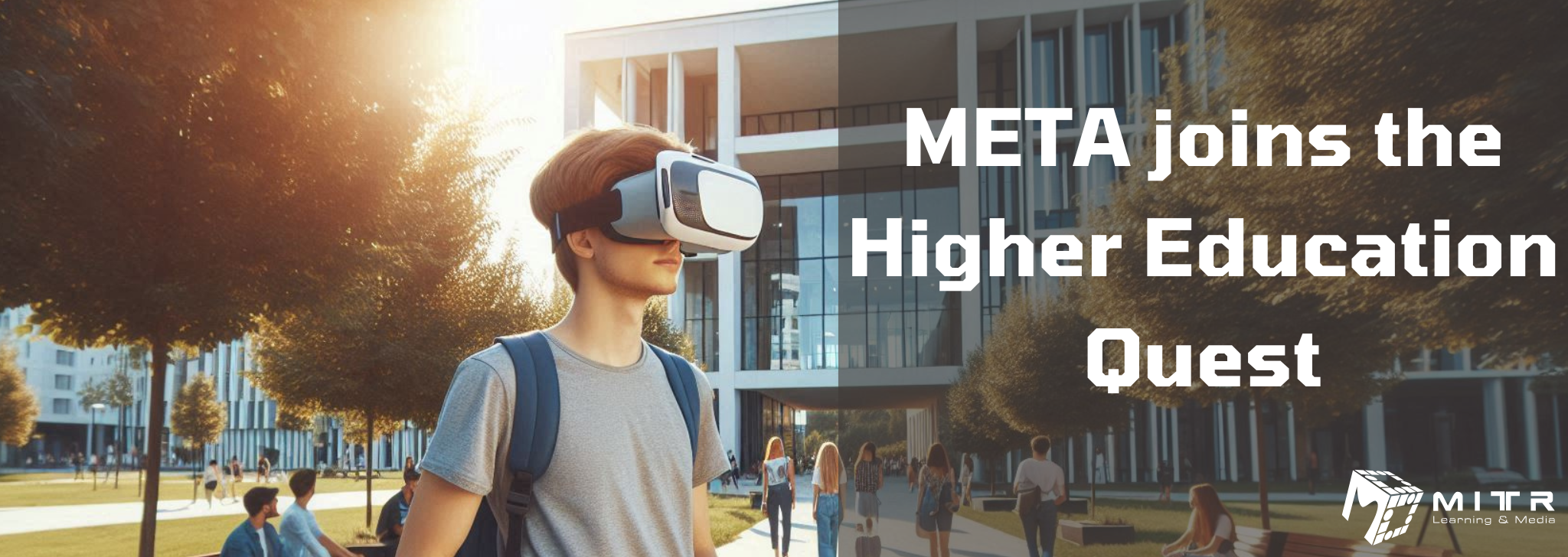 A college student wearing a VR headset while standing on campus