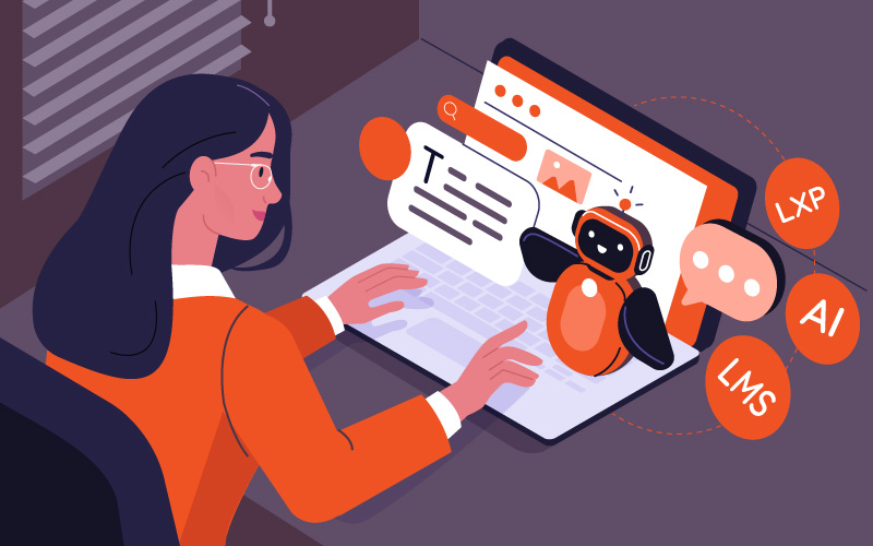 Illustration showing AI technology transforming learning content creation in LMS and LXP platforms with human experts overseeing the process.