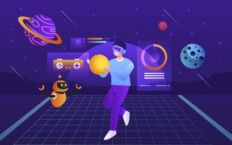 Illustration of AI-powered adaptive learning platform integrating gamification elements like badges, progress bars, and personalized learning paths for corporate training.