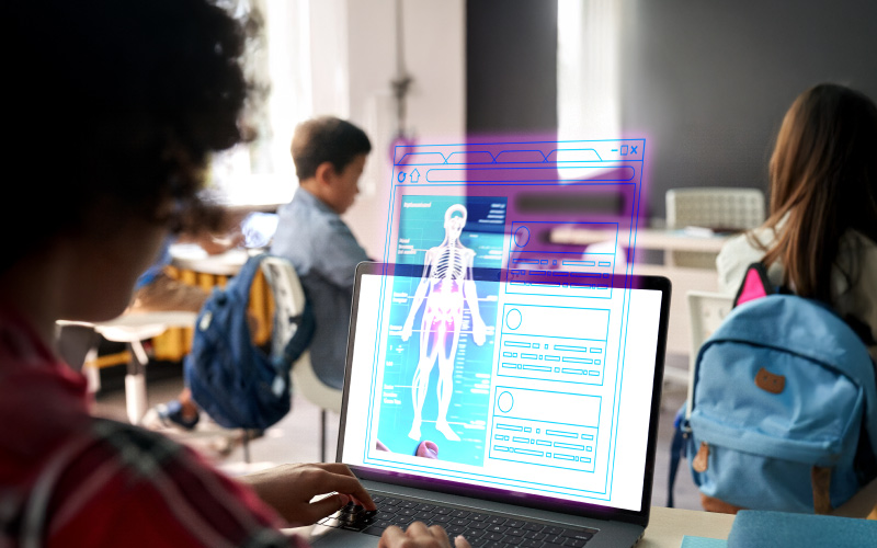 Augmented reality app displaying a 3D human skeleton on screen