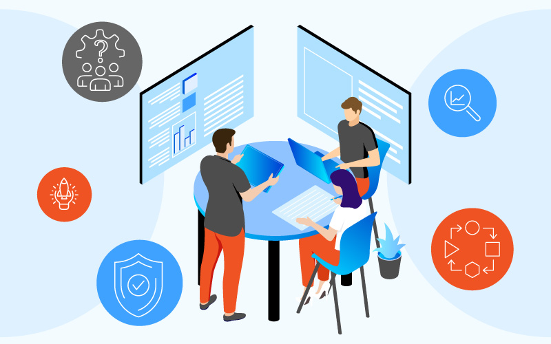 Illustration of a learning and development team reviewing an AI-powered course dashboard, highlighting trust, data security, and ethical design elements.