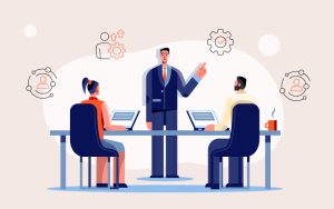 Illustration of a leader making a decision in a branching workplace scenario, representing immersive learning in leadership development