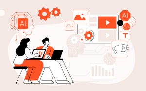 Illustration of AI accelerating L&D production, from design to rollout, with BrinX.ai intelligent automation tools.