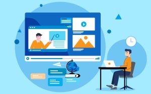 Students engaging in online learning on laptops and tablets, collaborating in virtual classrooms with AI-driven tools and hybrid education setups.