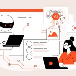 Illustration of diverse professionals learning and collaborating with AI tools in a modern workplace setting