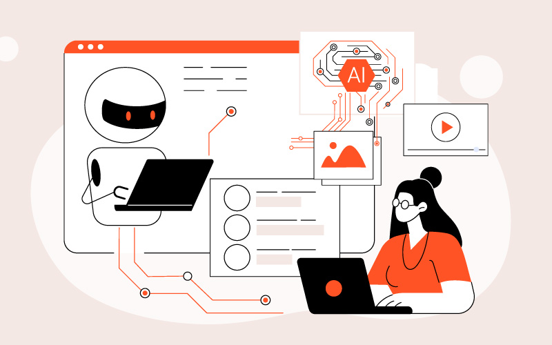 Illustration of diverse professionals learning and collaborating with AI tools in a modern workplace setting