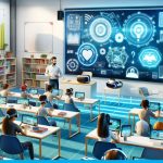 Instructor teaching in a HyFlex classroom with PTZ camera, interactive display, and remote learners visible on screen, illustrating blended learning.