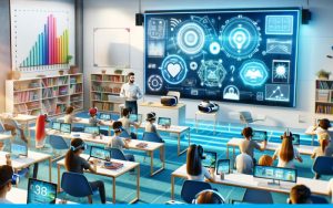 Instructor teaching in a HyFlex classroom with PTZ camera, interactive display, and remote learners visible on screen, illustrating blended learning.