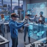 Students using AR and VR headsets in a university lab to explore immersive simulations in science and engineering.