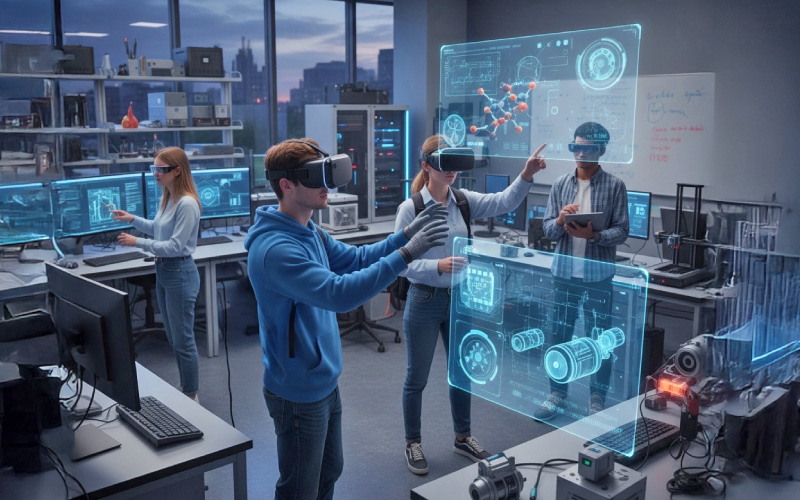 Students using AR and VR headsets in a university lab to explore immersive simulations in science and engineering.