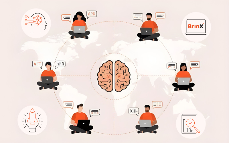 Global eLearning localization illustration showing diverse learners connected through multilingual digital training powered by BrinX.ai