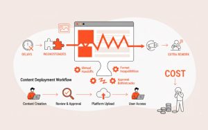 A diagram illustrating how LMS friction leads to delays, inconsistencies, and extra rework across content deployment workflows.