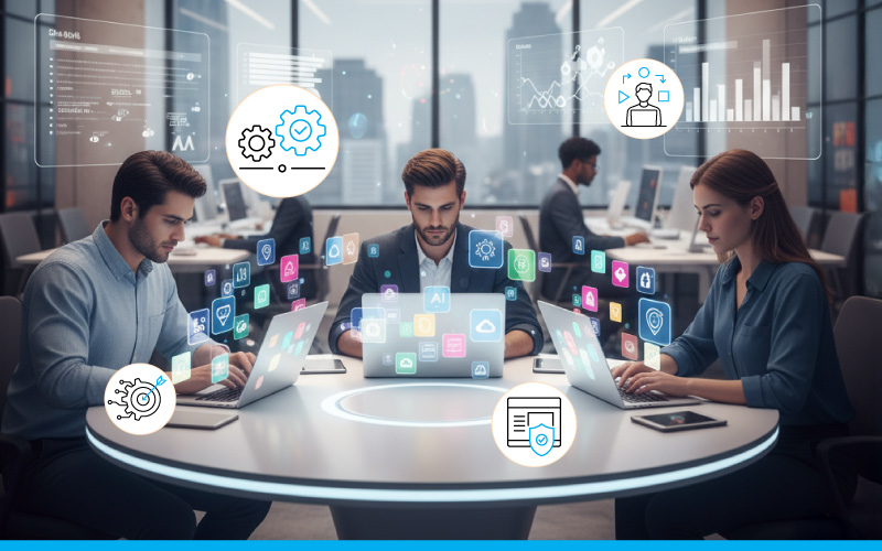 Professionals are completing short digital lessons while earning verified skill badges on screen.