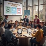 Students and faculty collaborating on open educational resources in a higher education setting.