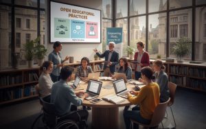 Students and faculty collaborating on open educational resources in a higher education setting.