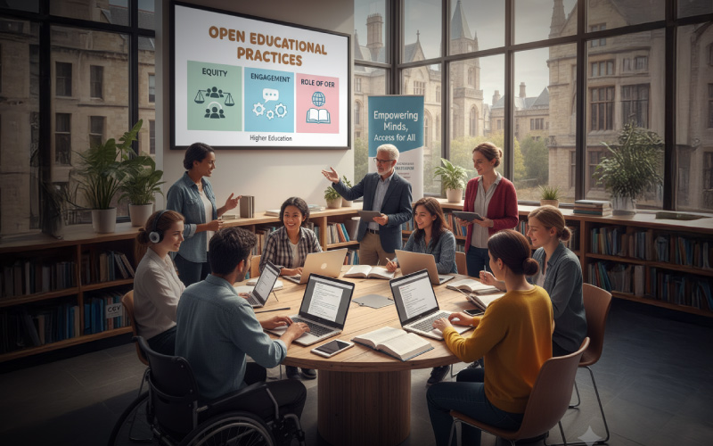 Students and faculty collaborating on open educational resources in a higher education setting.