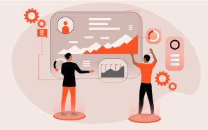 Illustration of a new hire navigating a structured digital onboarding dashboard on their first day.