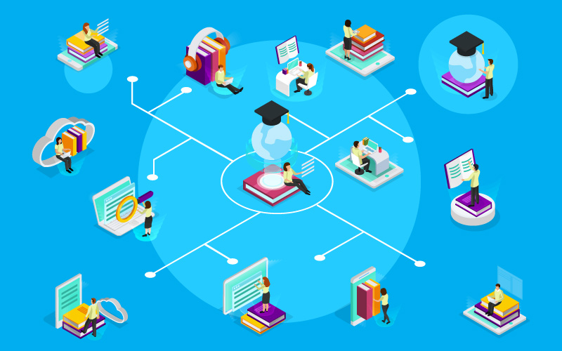 A university learning environment showing hybrid and international classroom connections across multiple regions.