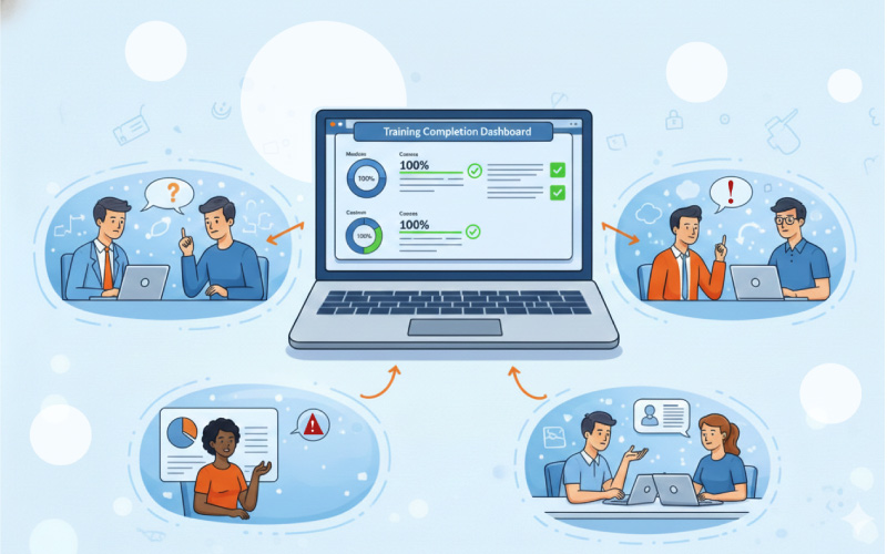 Corporate training completion dashboard, contrasted with real workplace performance, shows missed targets and low retention
