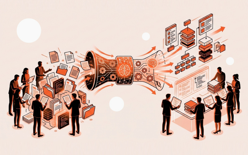 Illustration showing enterprise teams using AI tools to organize and structure learning content from documents before instructional design begins.
