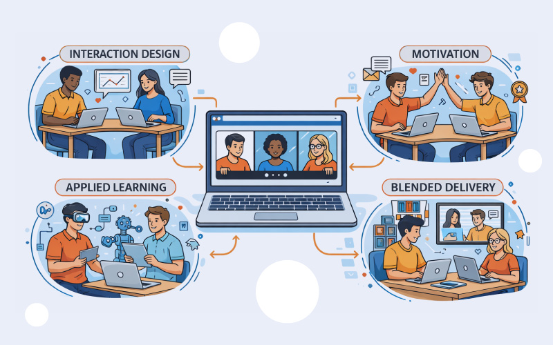 How interaction design, motivation, applied learning, and blended delivery affect student engagement in online higher education programs.