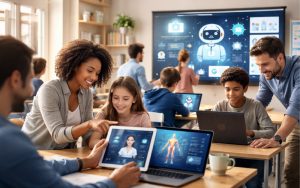 Banner showcasing AI in education with teachers and students using AI tools and online learning platforms for better outcomes.