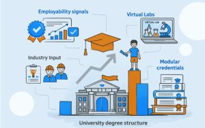 How employability signals, industry input, virtual labs, and modular credentials connect within a modern university degree structure.