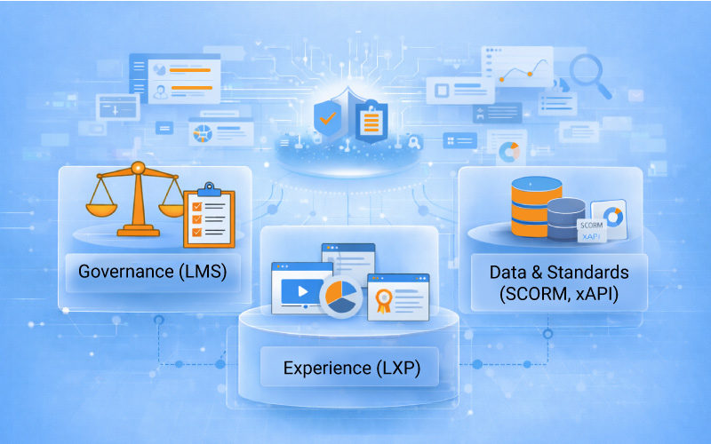 Visual of enterprise LMS selection guide comparing SCORM vs xAPI, LMS vs LXP, examining scalable learning architecture