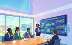 District leaders review K-12 digital learning performance dashboards and curriculum outcome data during a strategy meeting.