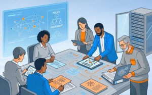 District education leaders reviewing AI governance policies and digital oversight frameworks in a boardroom setting.