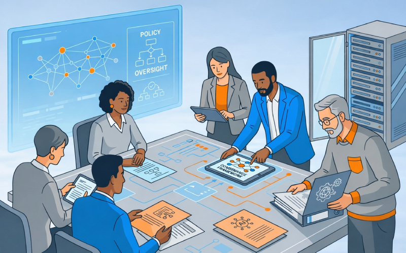 District education leaders reviewing AI governance policies and digital oversight frameworks in a boardroom setting.