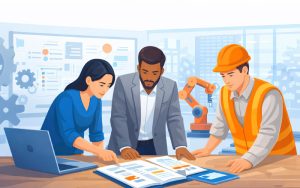 University faculty and industry leaders reviewing curriculum plans for an industry-integrated degree program.