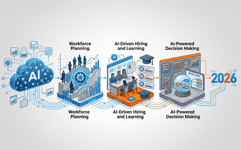 Banner of AI in HR use cases and applications showing workforce planning, hiring, learning, and AI-driven decision making