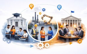 Collaboration between education institutions, industry, and policymakers within a regional skill ecosystem.