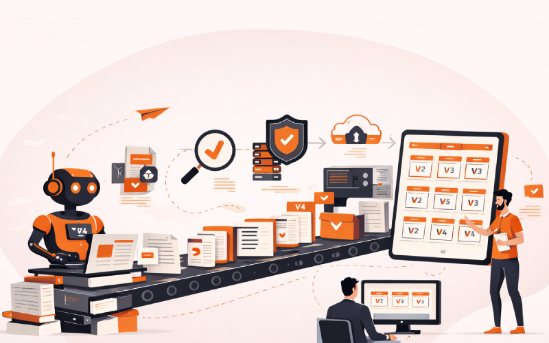 AI-generated training content moving through validation, version control, and enterprise deployment workflow systems