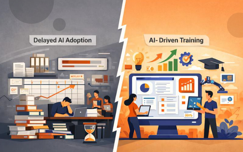Banner showing the business impact of delaying AI in corporate training on ROI, workforce productivity, and learning efficiency.