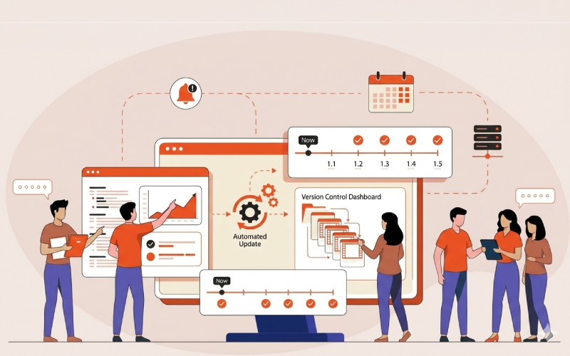 Enterprise L&D team reviewing automated compliance training updates and version control dashboards for regulatory learning programs.