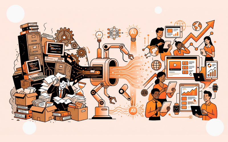 Visual showing outdated training content and LMS backlog solved with AI-powered eLearning content modernization for enterprise scale