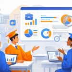 University graduates in a classroom discussing career outcomes and employability gaps with industry data on screen