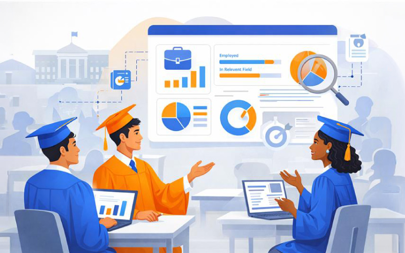 University graduates in a classroom discussing career outcomes and employability gaps with industry data on screen