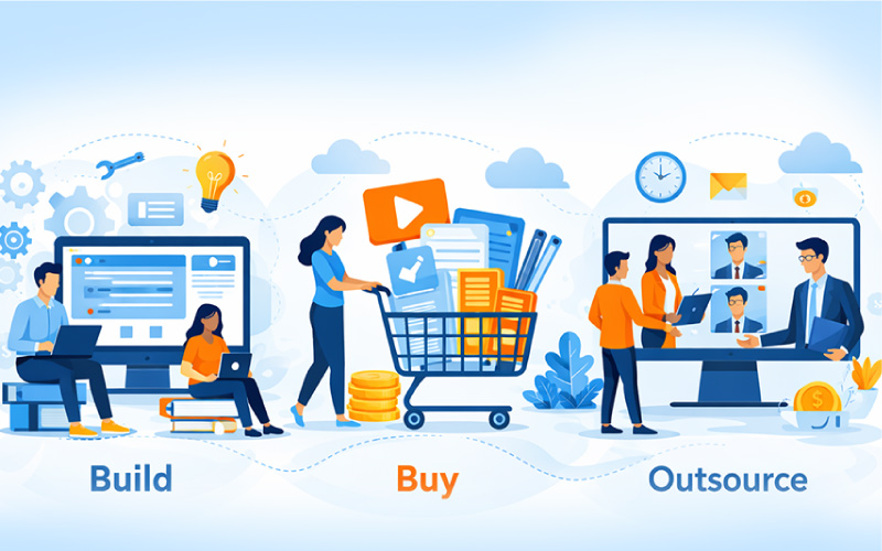 Visuals showing build vs buy vs outsource eLearning strategy for scalable enterprise learning content development