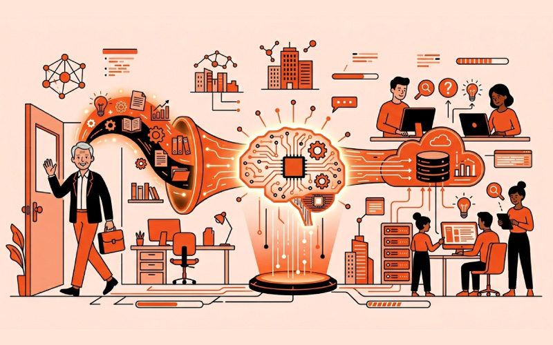 Business professionals using AI-powered knowledge systems to preserve expertise and support knowledge transfer